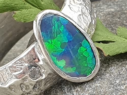 LeoLars-PABE Lightning Ridge Opal Design Ring, Gr.58, 925er Silber, Grün-Blaues Honeycomb Pattern Feuer, Unikat, Handarbeit