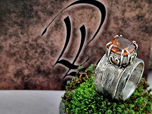 LeoLars-PABE Madeira Citrin Design Ring, Gr. 54-55, aus 925er Silber mit Bambus Struktur, teilgeschwärzt, massiv, Unikat, Handarbeit