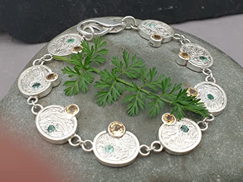 LeoLars-PABE Mondphasen Design Armband aus 925er Silber mit Citrinen und Turmalinen, 19cm lang, Massiv, Unikat, Handarbeit