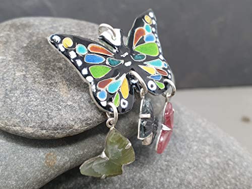 LeoLars-PABE Emaille Schmetterling mit 3 Turmalin Schmetterlingen aus 925er Silber als Anhänger, Unikat, Handarbeit