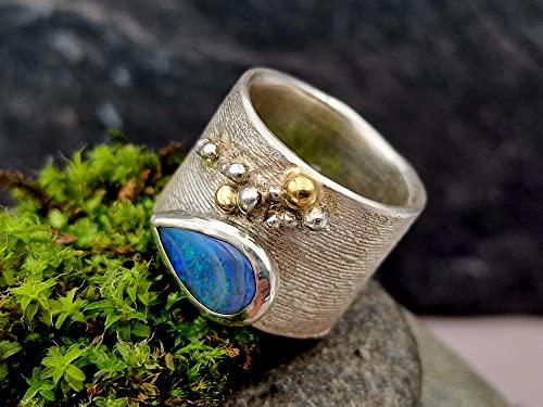 LeoLars-PABE Lightning Ridge Opal Design Ring, Gr.58, aus 925er Silber mit 750er Gelbgold Akzenten und echter Pampasgras Struktur, Unikat, Handarbeit