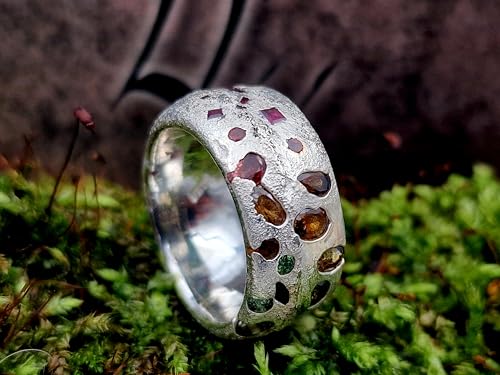 LeoLars-PABE Sandguss Design Ring, Gr.56 (17,8), aus 925er Silber mit echten eingegossenen verschiedensten Edelsteinen mit Farbverlauf, Nr.51, Unikat, Handarbeit