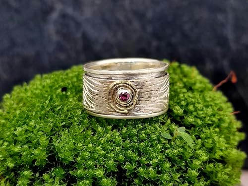 LeoLars-PABE Rubin Spinner Design Ring, Gr.57, aus 925er Silber mit Holzmaserung und 585er Goldschnecke um den Rubin, Unikat, Handarbeit