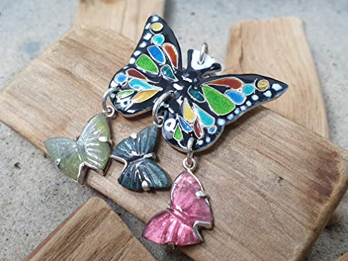 LeoLars-PABE Emaille Schmetterling mit 3 Turmalin Schmetterlingen aus 925er Silber als Anhänger, Unikat, Handarbeit