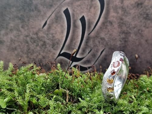 LeoLars-PABE Geschwungener Sandguss Design Ring, Gr.57 (18,2), aus 925er Silber mit eingegossenen bunten echten Edelsteinen, Unikat, Handarbeit