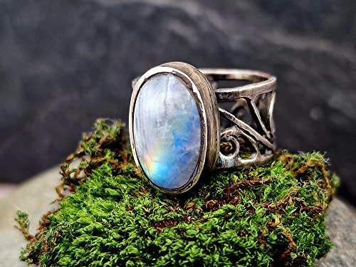 LeoLars-PABE Weißer Labradorit Filigree Ring, Gr.57-58, aus 925er Silber, Regenbogen Mondstein, teilgeschwärzt, magisch, mystisch, Unikat, Handarbeit