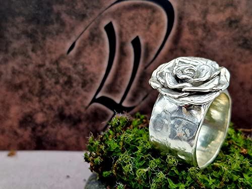 LeoLars-PABE Massiver 925er Silber Ring, Gr.61, mit Rosenblüte, handmodelliert, organische Oberfläche, Unikat, Handarbeit