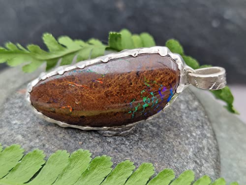 LeoLars-PABE Boulder Matrix Opal Design Anhänger aus 925er Silber, Mehrfarbig, Opal 32x15mm, Unikat, Handarbeit