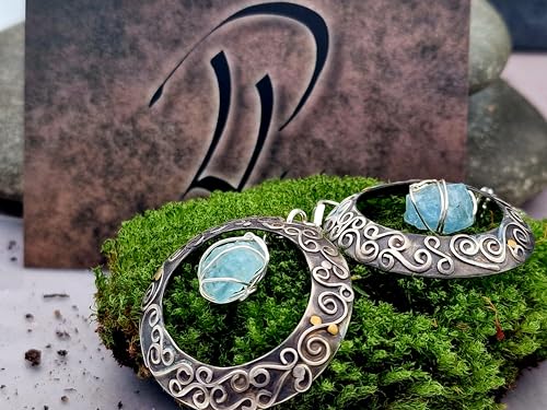 Magische Aquamarin Kristall Ohrhänger aus 925er Silber mit Feingold Elementen, baumelnd, teilgeschwärzt, Mystisch, Zauberhaft, Unikat, Handarbeit
