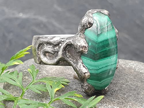 LeoLars-PABE Malachit Design Ring aus 925er Silber, Gr.58, grob gearbeitet, gebürstet, teilgeschwärzt, Unikat, Handarbeit