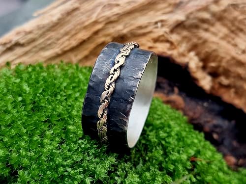 LeoLars-PABE Herren Bicolor Design Ring, Gr.69, aus 925er Silber mit montierter 585er Gelbgold Kette, geschwärzt, mystisch, magisch, Unikat, Handarbeit