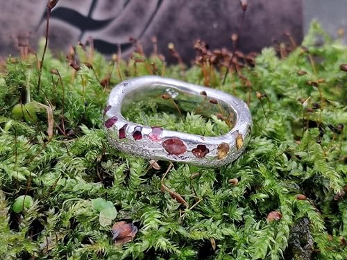 LeoLars-PABE Geschwungener Sandguss Design Ring, Gr.57 (18,2), aus 925er Silber mit eingegossenen bunten echten Edelsteinen, Unikat, Handarbeit