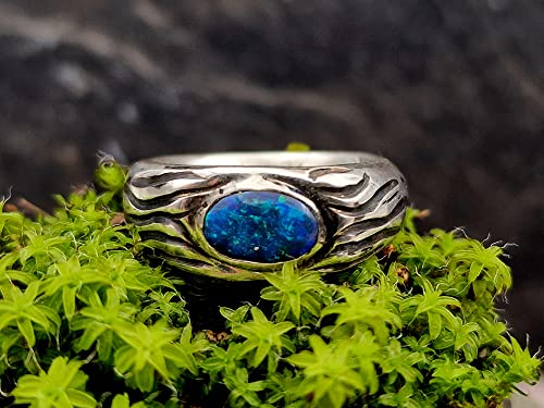 LeoLars-PABE Schwarzer Opal Wellen Design Ring, Gr.58, aus 925er Silber, Opal grün-blaues Opalfeuer, teilgeschwärzt, massiv, Unikat, Handarbeit