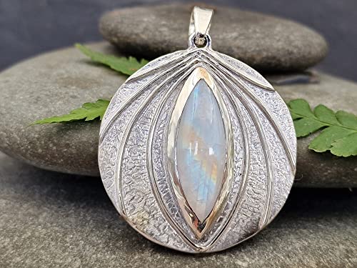 LeoLars-PABE Weißer Labradorit ( Regenbogenmondstein ) Design Anhänger aus 925er Silber, fein Strukturiert, Unikat, Handarbeit