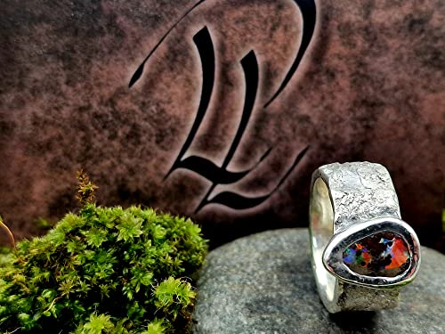 LeoLars-PABE Structure Design Stein Ring mit Boulder Opal aus 925er Silber, Gr.56, Opalflash mehrfarbig, Opal 11x7.3mm, Unikat, Handarbeit