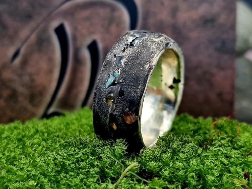 LeoLars-PABE Massiver Sandguss Design Ring, Gr. 60-61, aus 925er Silber mit verschieden farbigen direkt eingegossenen Saphiren, geschwärzt, Unikat, Handarbeit