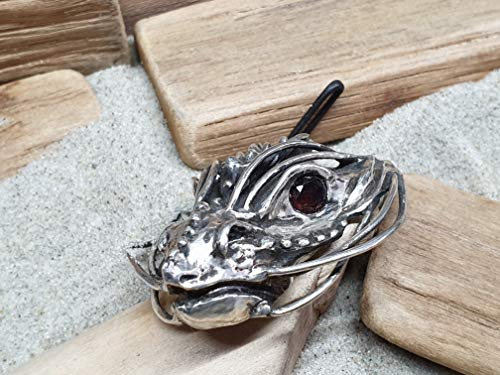 LeoLars-PABE Drachenkopf Anhänger aus 925er Silber mit Granat Augen, Drache, Unikat, Handarbeit