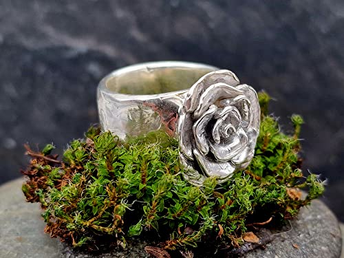 LeoLars-PABE Massiver 925er Silber Ring, Gr.61, mit Rosenblüte, handmodelliert, organische Oberfläche, Unikat, Handarbeit