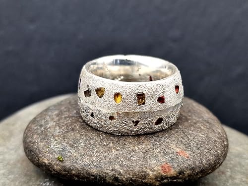 LeoLars-PABE Massver Sandguss Design Ring, Gr.56 (17,8), mit verschieden farbigen eingegossenen Saphiren aus 925er Silber, Sandguss Oberfläche, Nr.61, Unikat, Handarbeit