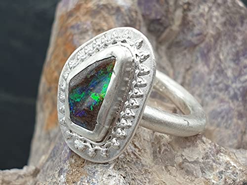 LeoLars-PABE Boulder Opal Design Ring aus 925er Silber, Gr. 56, Rahmen um die Fassung, Unikat, Handarbeit