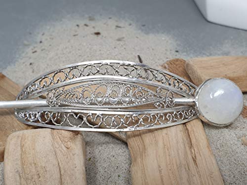 Haarnadel, Fibel aus 925er Silber mit weißem Labradorit in Filigree, Filigran, Unikat, Handarbeit