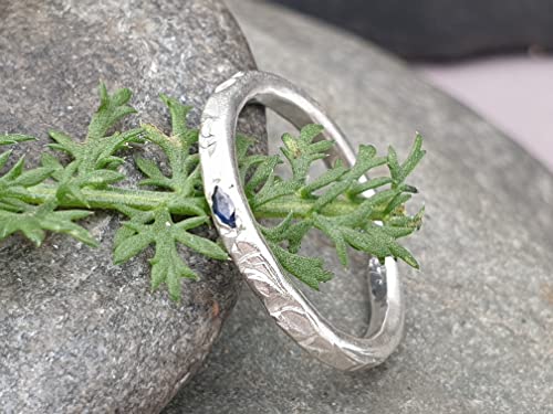 LeoLars-PABE Blauer Saphir Design Ring, Gr.49, aus 925er Silber, Navette, gehämmert, Unikat, Handarbeit