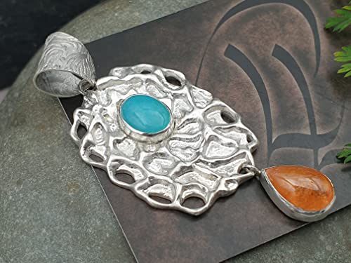 LeoLars-PABE Design Anhänger aus 925er Silber mit Amazonit und Mandarin Granat, handgefertigte Schlaufe, Unikat, Handarbeit