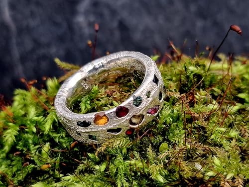 LeoLars-PABE Design Sandguss Chaos Ring, Gr.56 (17,8), mit echten eingegossenen verschiedensten Edelsteinen aus 925er Silber, Nr.52, Unikat, Handarbeit
