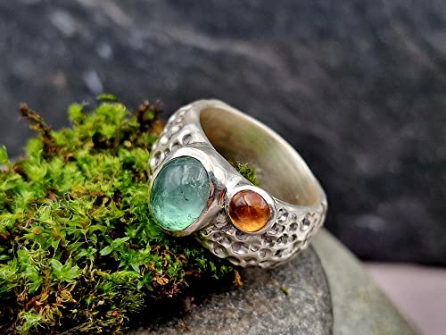 LeoLars-PABE Design Ring, Gr. 57, aus 925er Silber im Bubble Design mit Turmalin und Mandarin Granat, massiv, Unikat, Handarbeit