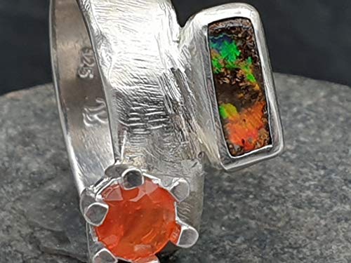 LeoLars-PABE Boulder und Feueropal Design Ring aus 925er Silber, Gr.57, geschmiedetes Design, Unikat, Handarbeit