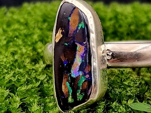 LeoLars-PABE Boulder Opal Ring, Gr.57-58, aus 925er Silber, Opal mit tollem Muster und grün-lila Opalfeuer, Opal 17,5x7mm, Unikat, Handarbeit