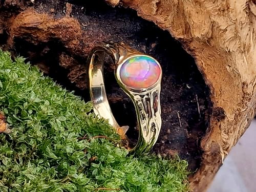 LeoLars-PABE Lightning Ridge Chrystal GEM Opal Design Ring, Gr. 58, aus 585er Gelbgold, Multicolor High End Opal, holzgemaserte Oberflächen Struktur, Unikat, Handarbeit