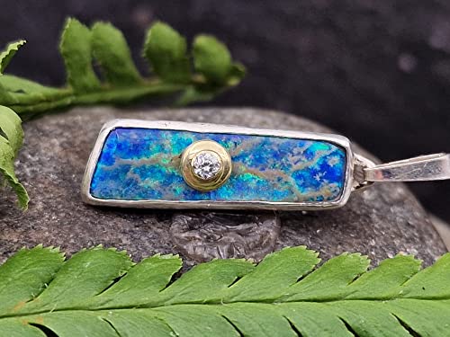 LeoLars-PABE Lightning Ridge Opal Design Anhänger aus 925er Silber mit Diamant in 585er Gold Fassung, Unikat, Handarbeit