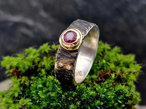 LeoLars-PABE Rubin Design Ring, Gr.55-56, aus 925er Silber mit Goldfassung und zwei Diamanten, teilgeschwärzt, Unikat, Handarbeit