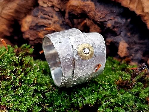 LeoLars-PABE Breiter Wickel Design Ring mit 3mm cognacfarbenem Brilliant, aus 925er Silber mit 585er Goldfassung, Gr.60/61, Unikat, Handarbeit