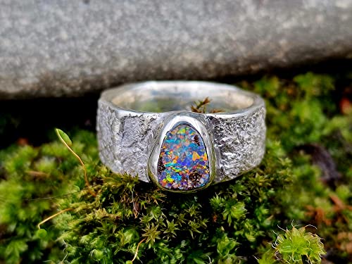 LeoLars-PABE Boulder Opal Design Ring, Gr.60, Structure Design Stone, Stein, aus 925er Silber, Multicolor Opal 8.3x8mm, Unikat, Handarbeit