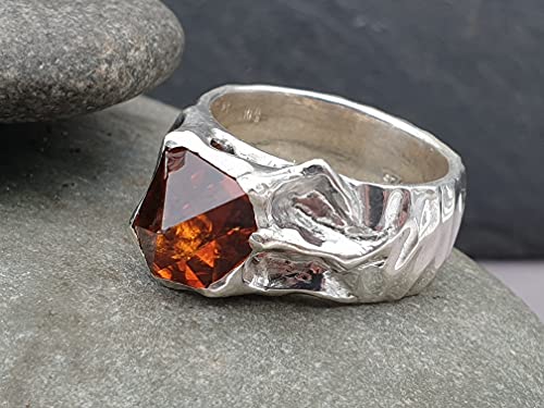 LeoLars-PABE Citrin Design Ring aus 925er Silber, Gr.60, Sonderschliff, Organisch, Hammerschlag, Unikat, Handarbeit