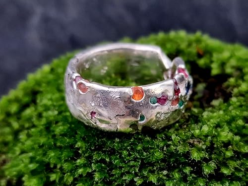 LeoLars-PABE Bunter rockiger Design Sandguss Ring, Gr.61 (19,2), aus 925er Silber mit verschiedenen echten eingegossenen Edelsteinen, Unikat, Handarbeit