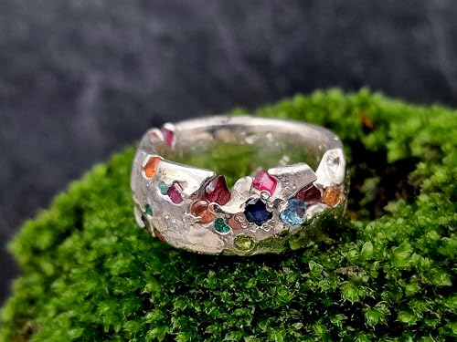 LeoLars-PABE Bunter rockiger Design Sandguss Ring, Gr.61 (19,2), aus 925er Silber mit verschiedenen echten eingegossenen Edelsteinen, Unikat, Handarbeit