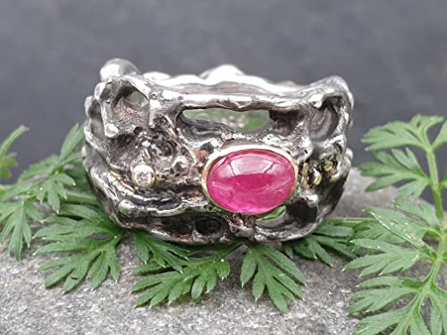 LeoLars-PABE Organic Design Rubin Ring, Gr.53-54, mit Brilliant aus 925er Silber mit Goldakzenten und Fassung, Unikat, Handarbeit