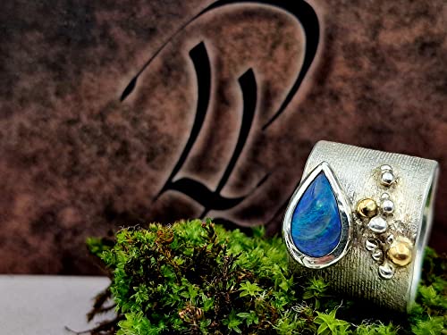 LeoLars-PABE Lightning Ridge Opal Design Ring, Gr.58, aus 925er Silber mit 750er Gelbgold Akzenten und echter Pampasgras Struktur, Unikat, Handarbeit