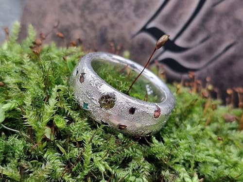 LeoLars-PABE Design Sandguss Ring, Gr.55 (17,5), aus 925er Silber mit verschiedenen echten eingegossenen Edelsteinen, Handarbeit, Unikat