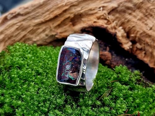 LeoLars-PABE Boulder Opal herren Design Ring, Gr.65-66, aus 925er Silber, Opal mit Muster und bunten Opaladern, grob geschliffen, massiv, Unikat, Handarbeit