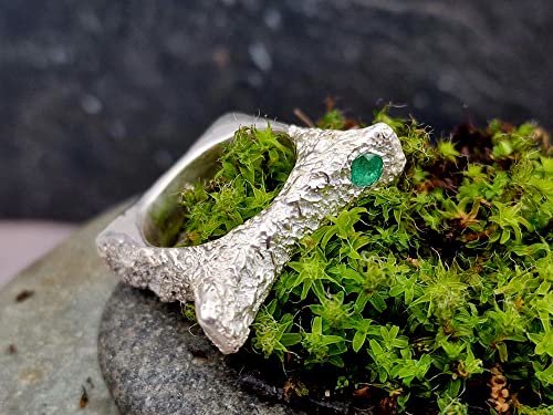 LeoLars-PABE Smaragd Design Ring, Gr.54, aus 925er Silber mit außergewöhnlicher Structure Design Oberfläche, Kolumbianischer Smaragd d-4mm, Unikat Handarbeit