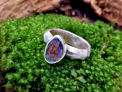 LeoLars-PABE Boulder Opal Design Ring, Gr. 61, aus 925er Silber, grob geschliffen, seidenmatt, Opal mit grün-blauen Opaladern, Unikat, Handarbeit