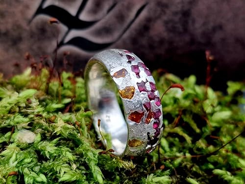LeoLars-PABE Sandguss Design Ring, Gr. 53 (16,8), mit eingegossenen orangen und gelben Saphiren und Rubinen aus 925er Silber, Nr.63, Unikat, Handarbeit