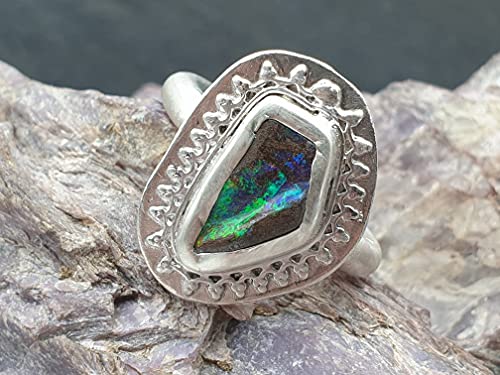 LeoLars-PABE Boulder Opal Design Ring aus 925er Silber, Gr. 56, Rahmen um die Fassung, Unikat, Handarbeit