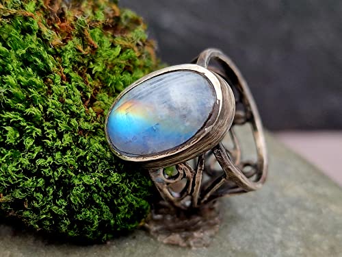 LeoLars-PABE Weißer Labradorit Filigree Ring, Gr.57-58, aus 925er Silber, Regenbogen Mondstein, teilgeschwärzt, magisch, mystisch, Unikat, Handarbeit