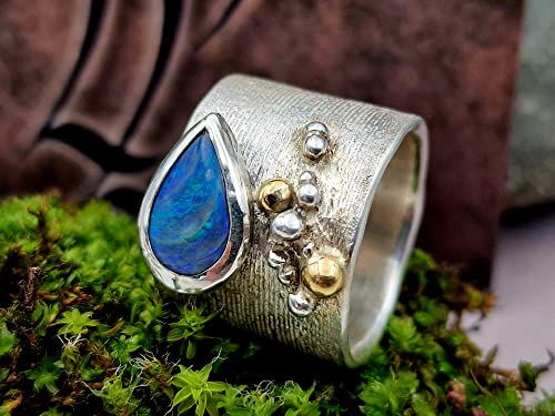 LeoLars-PABE Lightning Ridge Opal Design Ring, Gr.58, aus 925er Silber mit 750er Gelbgold Akzenten und echter Pampasgras Struktur, Unikat, Handarbeit