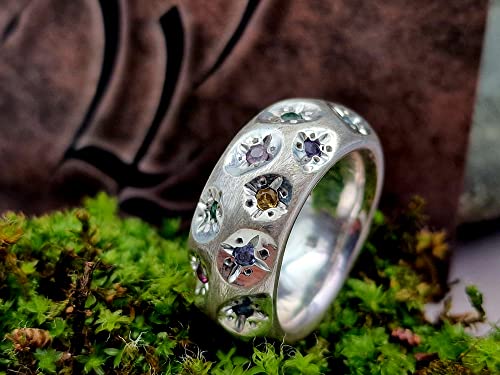 LeoLars-PABE Blüten Design Ring, Gr.56, aus 925er Silber, massiv, mit Citrin, Amethyst, Rubin, Tsavorit, Saphir und Blautopas als Blüten, Unikat, Handarbeit
